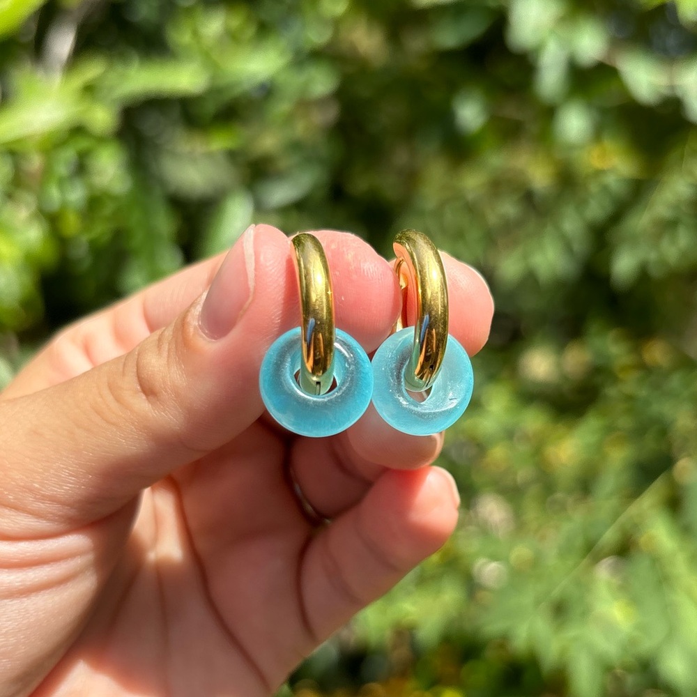 18K Gold Plated Stainless Steel Blue Chalcedony Stone Hoop Earrings